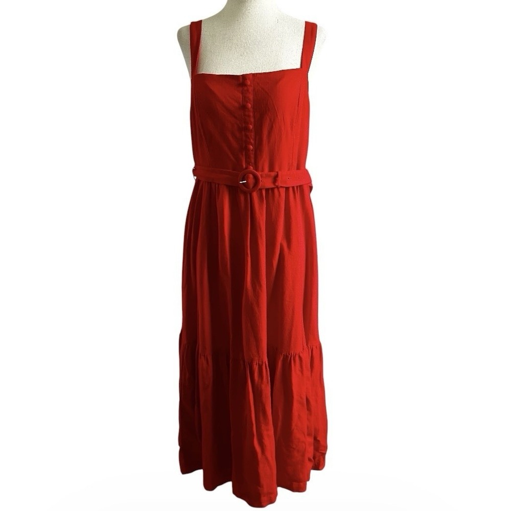 Lauren Conrad Red Smocked Midi Dress Sleeveless Petite Large Linen Blend | 30-16